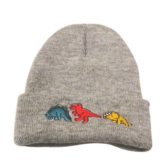 NEW Kids Cartoon Colorful Dancing Dinosaur Heather Grey Embroidery Beanie - Picture 3 of 3